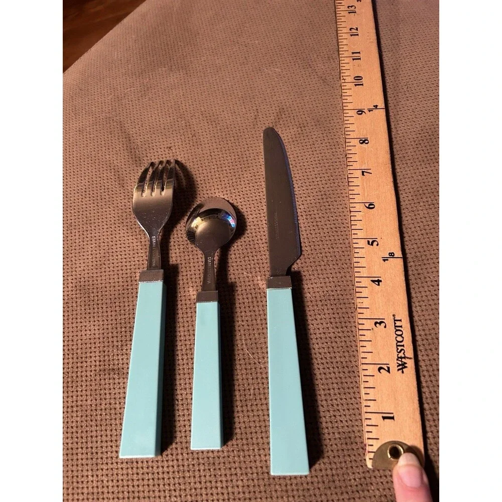 Vintage Aqua Blue Handle Stainless Steel Set 22 Retro Flatware Spoon Fork Knife